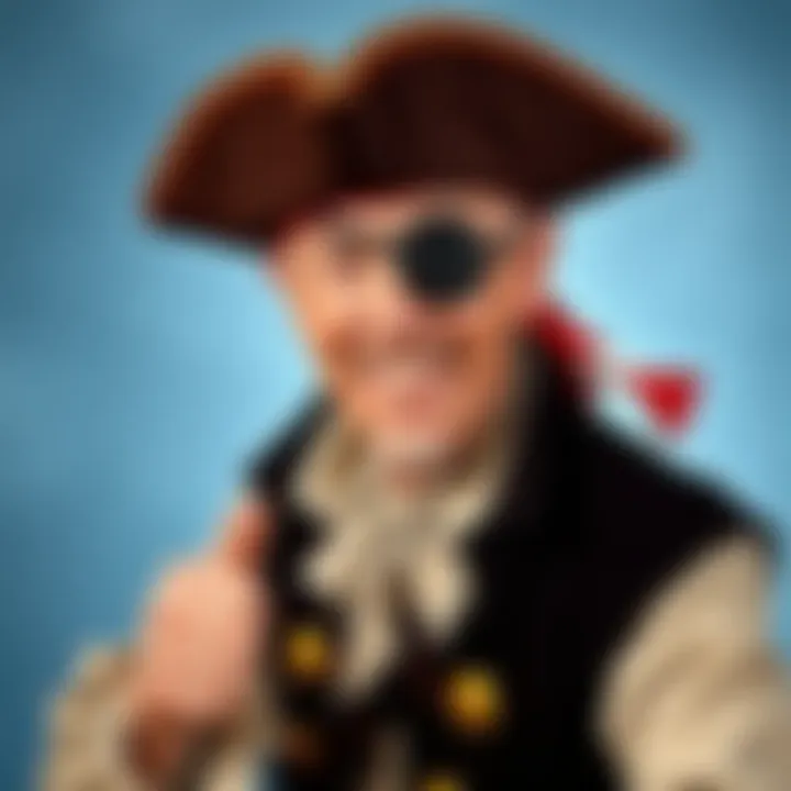 Bing Crosby dressed as a pirate, wearing a tricorn hat and eye patch, striking a playful pose