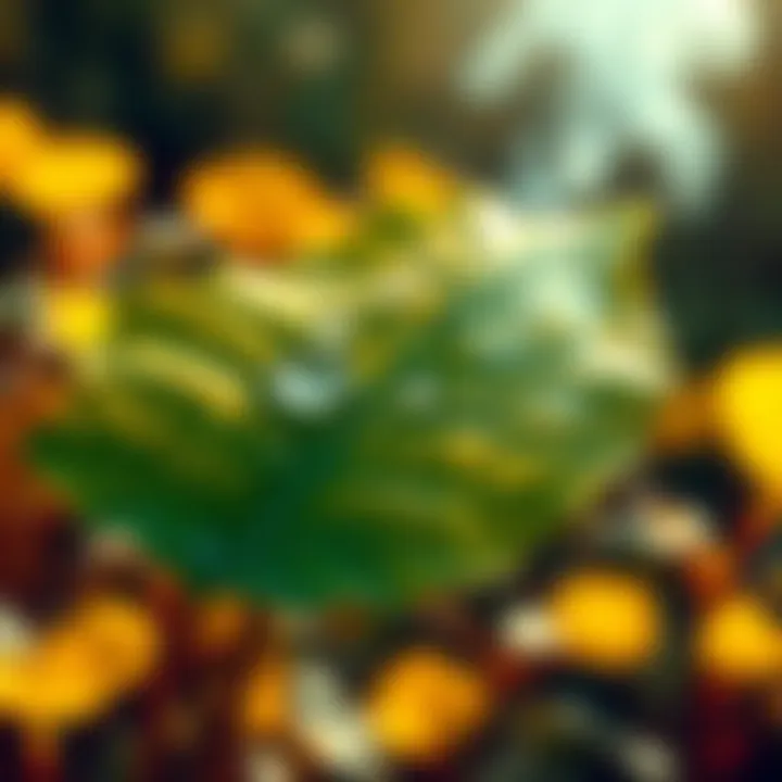 A biohybrid leaf absorbing sunlight and carbon dioxide, illustrating the process of converting these elements into useful chemicals for energy.