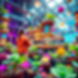 A vibrant scene showing players interacting with a living factory in a biology-based game, featuring colorful plants and creative structures.