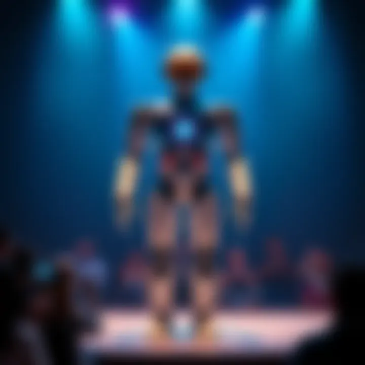 A full-size humanoid robot standing on a stage, showcasing its advanced design and technology, surrounded by excited attendees.