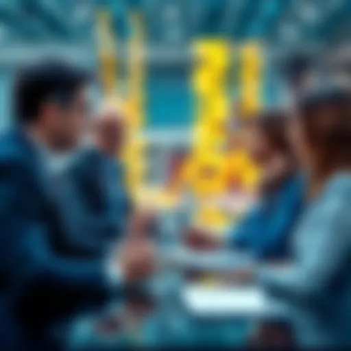 A professional meeting between a European Patent Attorney and representatives from biotech firms, discussing patent strategies.