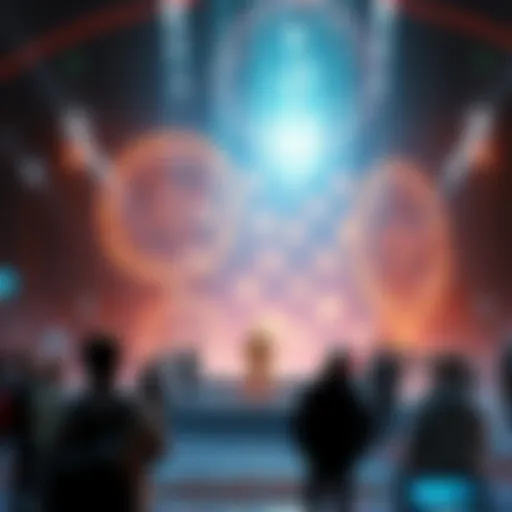 A futuristic scene showing the emergence of Artificial Super Intelligence with glowing digital elements and people observing in awe.