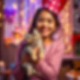Lisa smiles happily while holding a rescued kitten during her birthday celebration, surrounded by festive decorations.