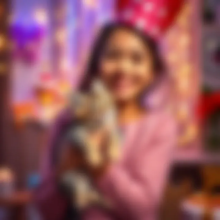 Lisa smiles happily while holding a rescued kitten during her birthday celebration, surrounded by festive decorations.