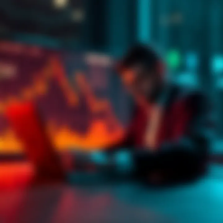 A downward trend line representing the sharp decline in Bitcoin's price, with a worried investor looking at charts on a laptop.