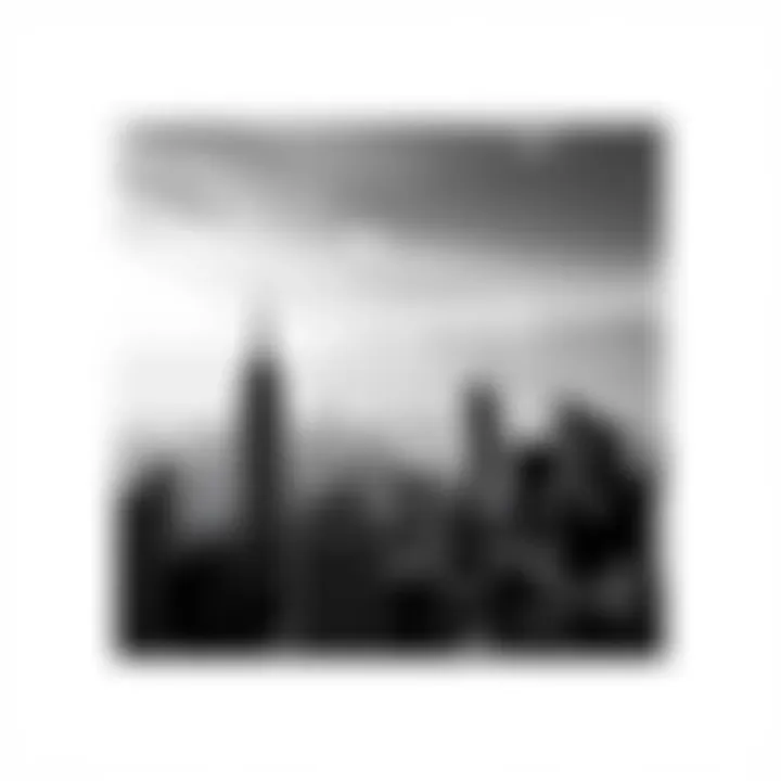 A striking black and white AI-generated image showcasing a modern city skyline with sharp contrasts and intricate details.