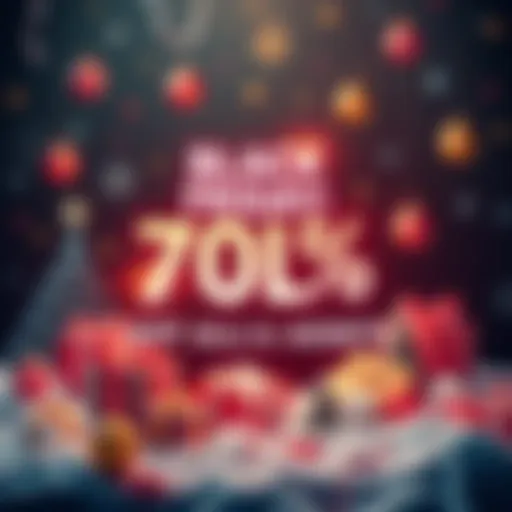 A vibrant sale banner showcasing 70% off on various assets with festive elements and bold text promoting savings.