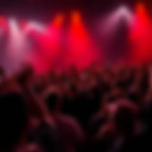 Crowd of fans enjoying a black metal concert with dark lighting and intense expressions