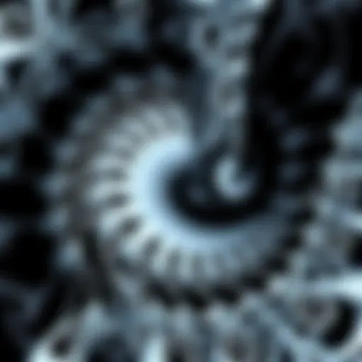 A captivating black and white fractal pattern showcasing intricate geometric shapes and swirling designs.