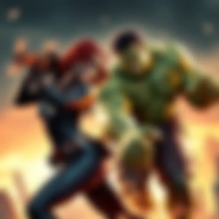 Black Widow and Hulk fighting side by side, showcasing their unique abilities and teamwork in a comic book style