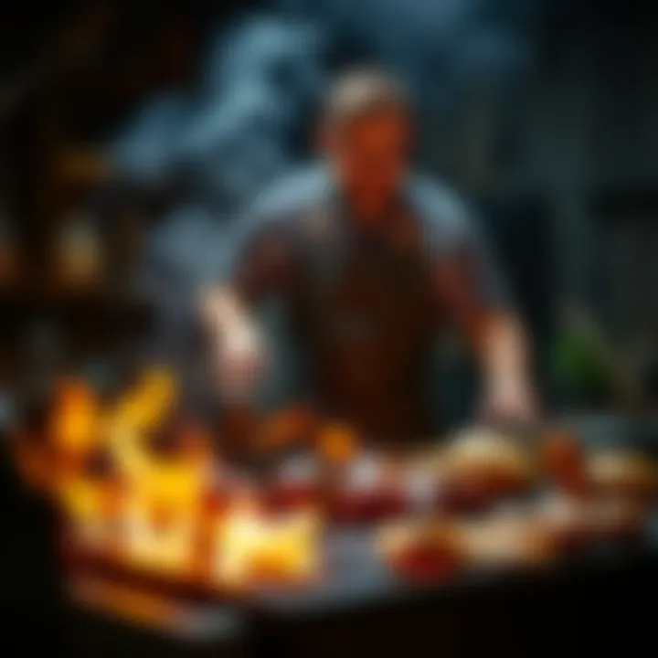 A blacksmith in an apron grilling meats on a BBQ grill in his transformed workshop, surrounded by medieval tools and smoke