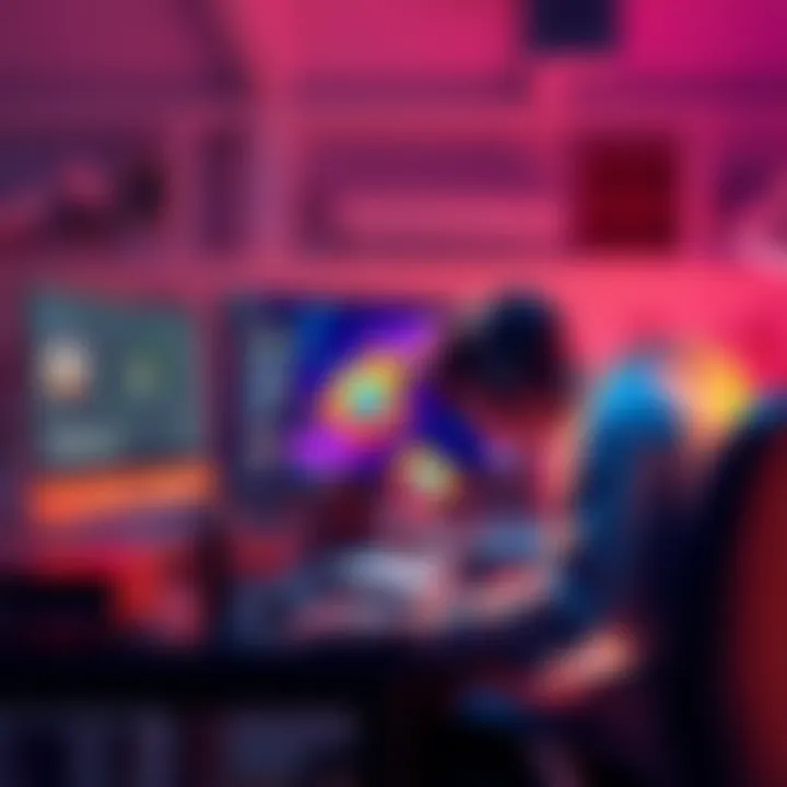 An artist working on a short animation using Blender software, showcasing vibrant graphics and character design.