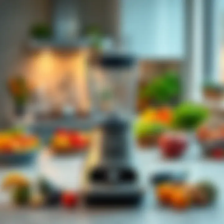 A modern kitchen with a blender on the counter, surrounded by fresh fruits and vegetables, showcasing culinary creativity