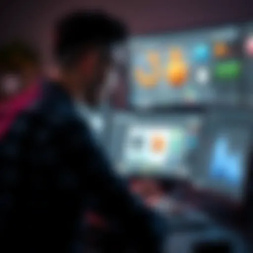 A person working on 3D modeling in Blender on a computer, focused and determined, with various models displayed on the screen.