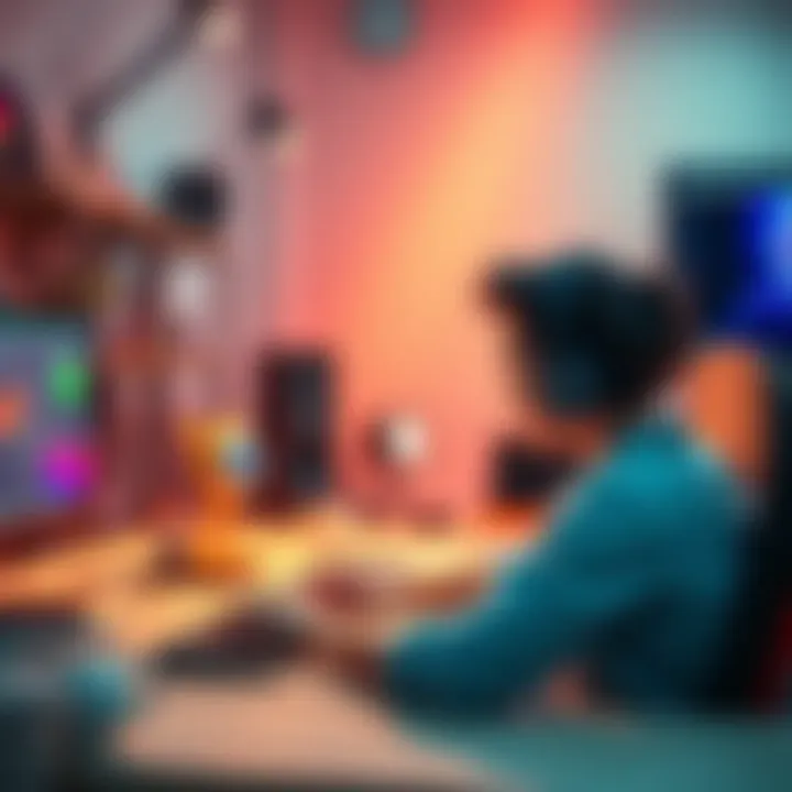 Blender Animation Basics A beginner working on animation in Blender, focusing on a colorful character in a lively environment.