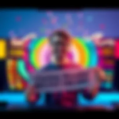 A Blender artist with a joyful expression, surrounded by a colorful array of layers on a computer screen, holding a celebratory banner.