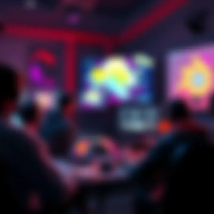 A group of Blender artists working together on creative projects in a vibrant studio environment with colorful designs on screens.