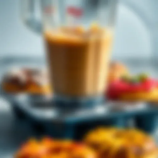 A blender filled with donut batter, ready to be poured into a donut pan, surrounded by donut toppings.