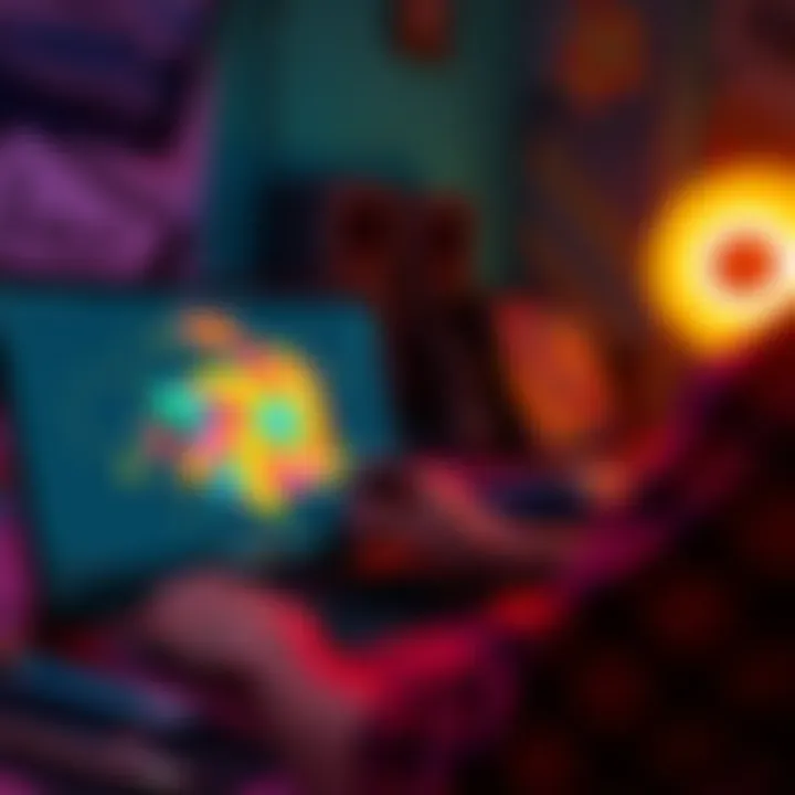 An artist using the grease pencil tool on a Surface laptop to draw with a colorful 2D design on the screen.