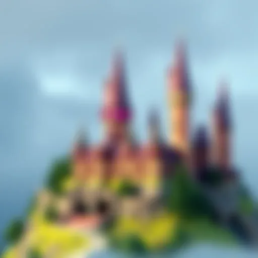 A colorful 3D model of Hogwarts castle created in Blender, showcasing towers and surrounding scenery.