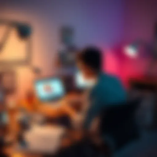 A person sitting at a desk working on a low-end HP laptop with Blender software open, surrounded by sketches and 3D models, looking inspired to create.