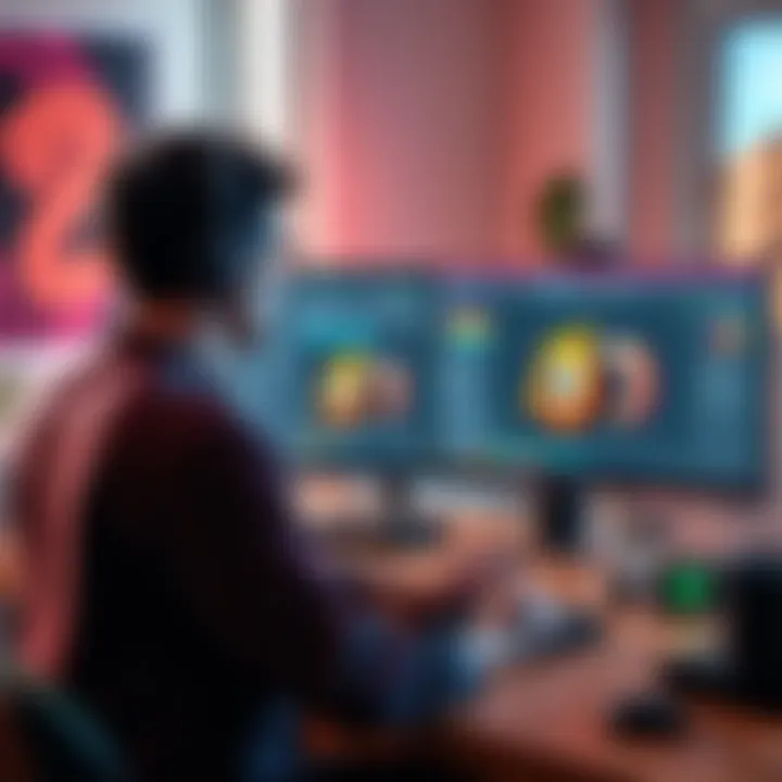 A person using Blender software on a computer, creating 3D models and designs