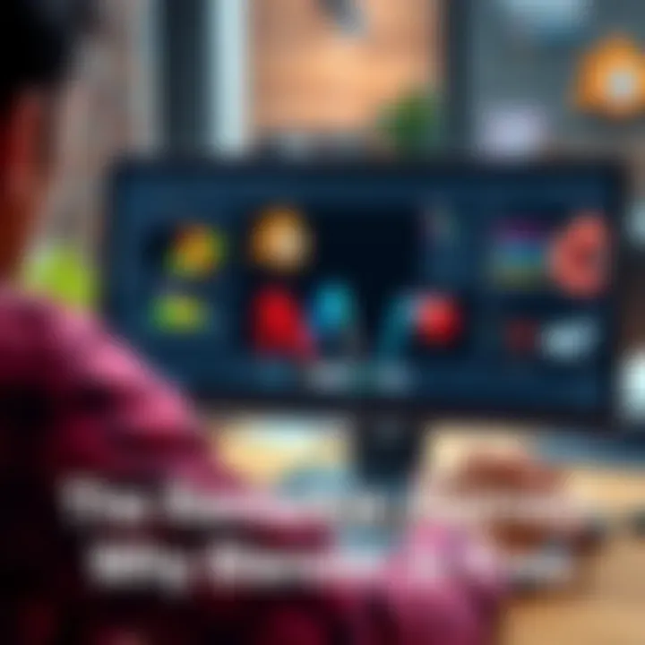 A person using Blender software on a laptop, creating a 3D model, with colorful designs visible on the screen