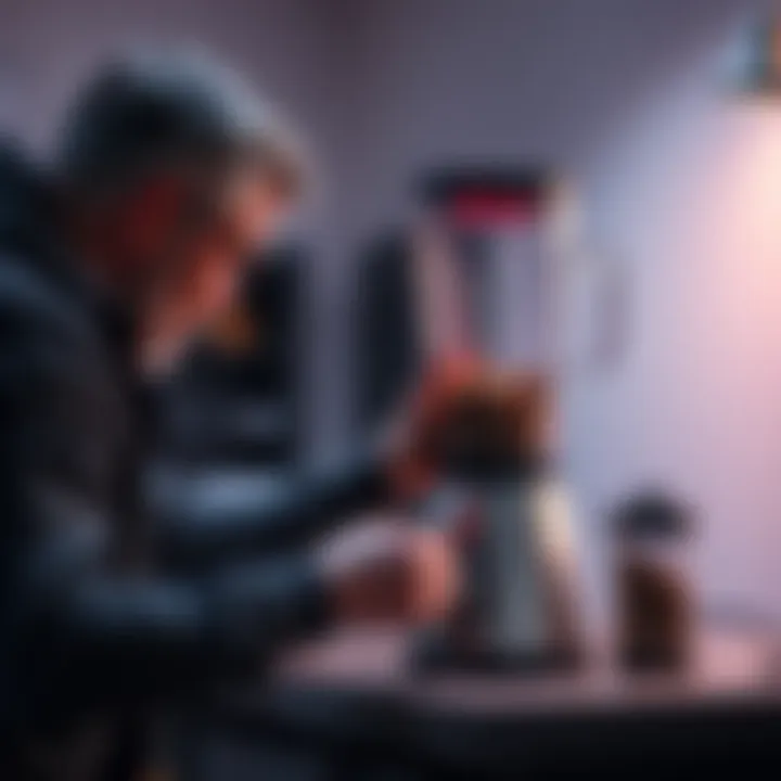 A person inspecting a blender that is not turning on, checking the power cable and settings.