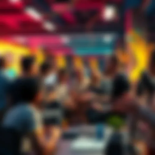 A group of diverse Blender users discussing their creative ideas and future features for the software in a digital workspace