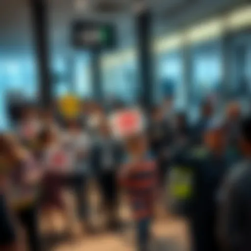 A visual representation of a large group of people leaving an office building with signs indicating job loss due to AI adoption.