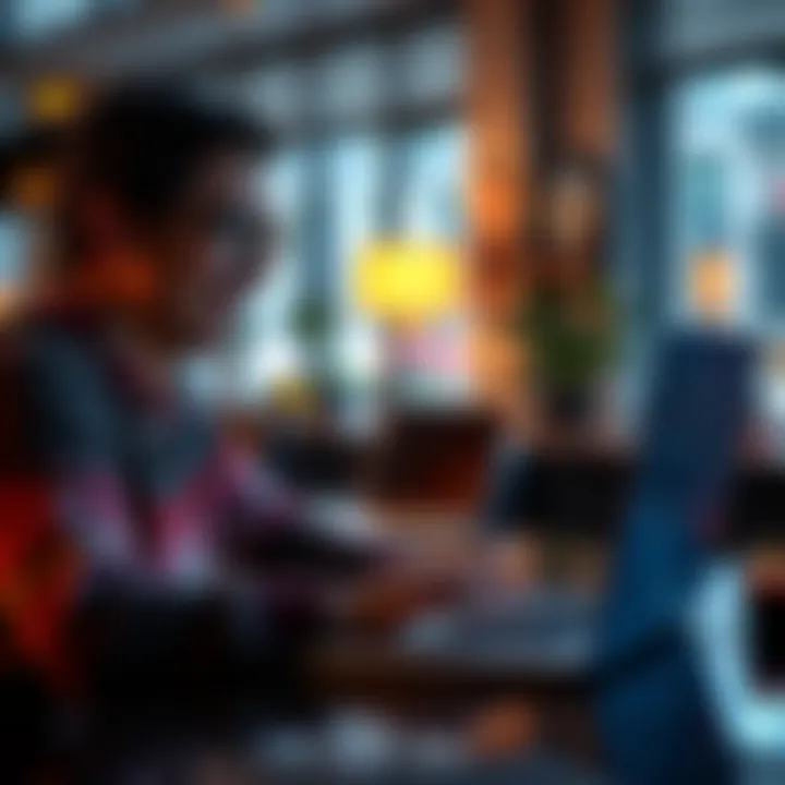 A person happily using a laptop, blocking negative comments on a forum, with a relieved expression.