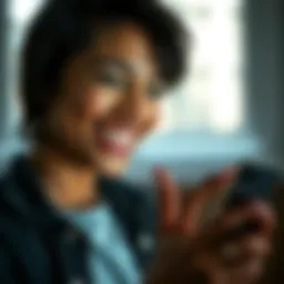 A person smiling while blocking negative messages on a phone, symbolizing the removal of toxic influences from life.