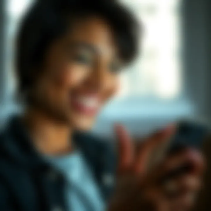 A person smiling while blocking negative messages on a phone, symbolizing the removal of toxic influences from life.