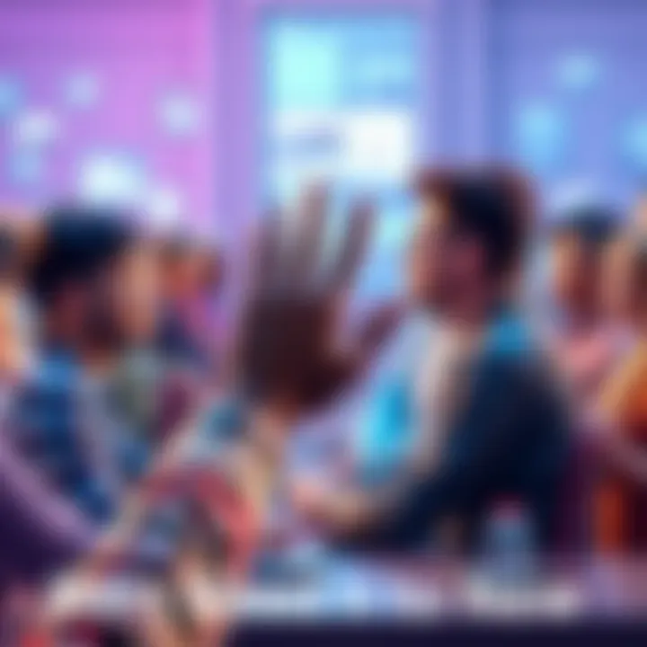 A group of diverse people discussing AI while someone blocks a voice with a hand gesture. The scene shows different opinions in a vibrant online forum setting.