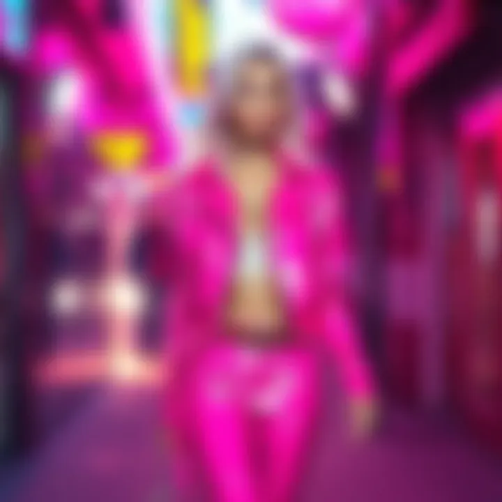 A platinum blonde woman in a hot pink outfit walking from a neon club into daylight