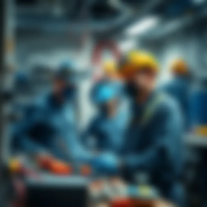 A group of blue collar workers using technology in plumbing and electrical tasks, showing the impact of tech on their jobs.