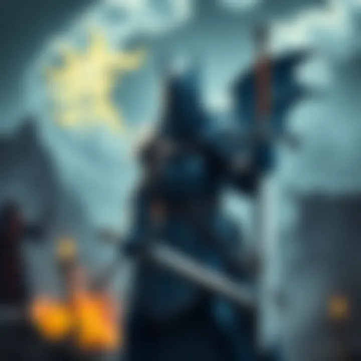 A fierce warrior clad in blue armor, wielding a sword, stands ready for battle against a backdrop of a mystical landscape.