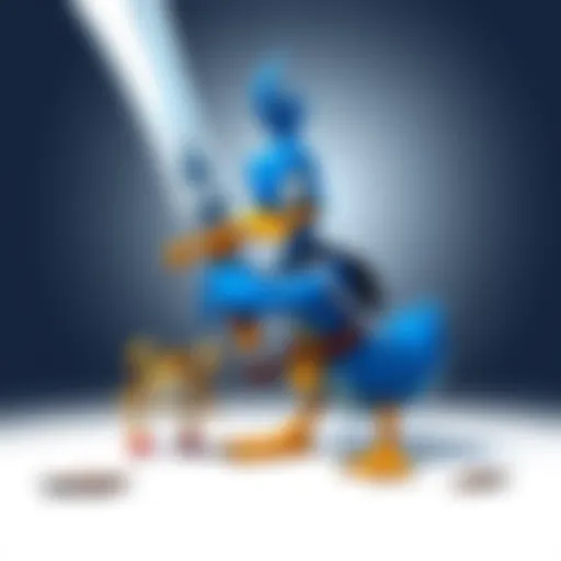 A strong yet silly Blue Duck holding a giant shell-shaped greatsword, with a small hermit crab beside it, ready for battle.