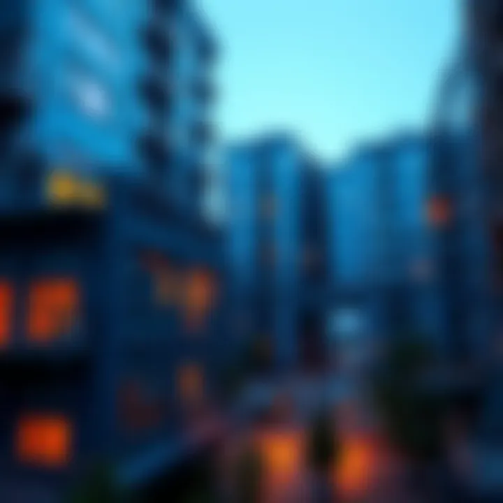 A view of blue glass Khrushchevka apartment buildings showcasing their unique design features like aluminum windows and open balconies.