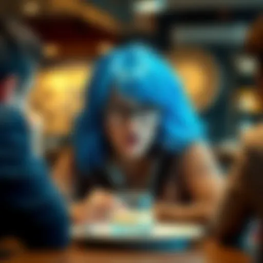 Blue-haired woman expressing outrage A blue-haired woman looks frustrated while discussing Sydney Sweeney's actions with friends in a cafรฉ setting.