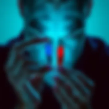 A person contemplating two pills, one blue and one red, symbolizing a tough decision about which path to take.