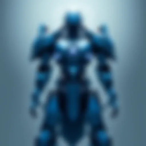 A futuristic blue robot warrior stands tall, showcasing advanced robotic features and sleek design.