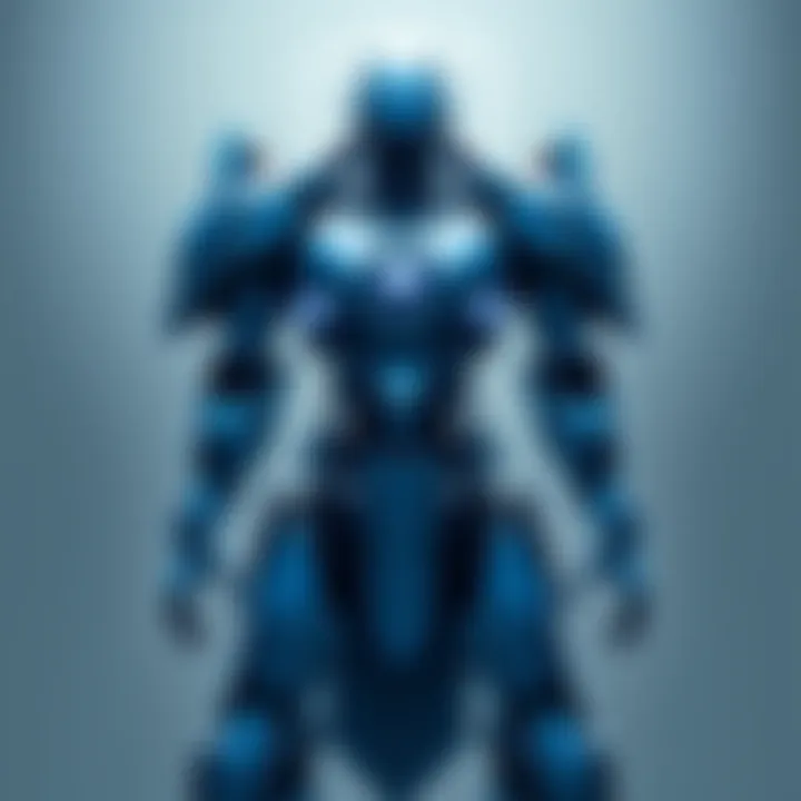 A futuristic blue robot warrior stands tall, showcasing advanced robotic features and sleek design.