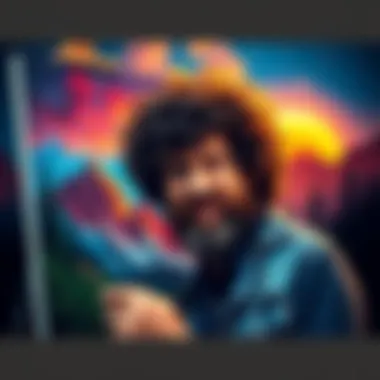 Bob Ross painting with AI elements A portrait of Bob Ross painting on canvas, with digital art elements and AI graphics in the background, showcasing a blend of traditional and modern art techniques.