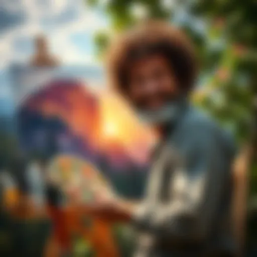Bob Ross joyfully painting a vibrant landscape scene on canvas in nature, with his signature curly hair and a palette in hand.