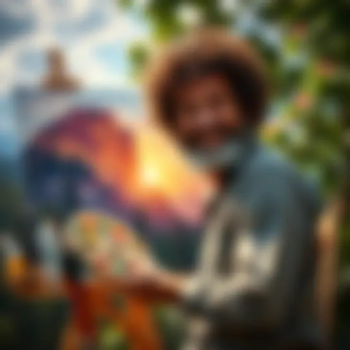Bob Ross joyfully painting a vibrant landscape scene on canvas in nature, with his signature curly hair and a palette in hand.