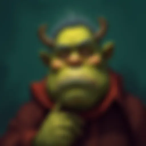 An illustration showing a character resembling an ogre, symbolizing body shaming stereotypes in media, with a thoughtful expression.