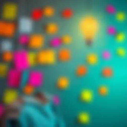 A person brainstorming ideas with colorful sticky notes and a light bulb above their head representing creativity and innovation in AI.