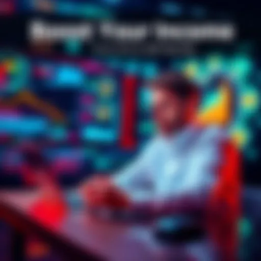 A person analyzing income growth on a laptop with AI graphics in the background