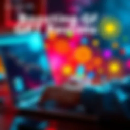 A person typing on a laptop with colorful creativity symbols around them, symbolizing improved prompts for AI.